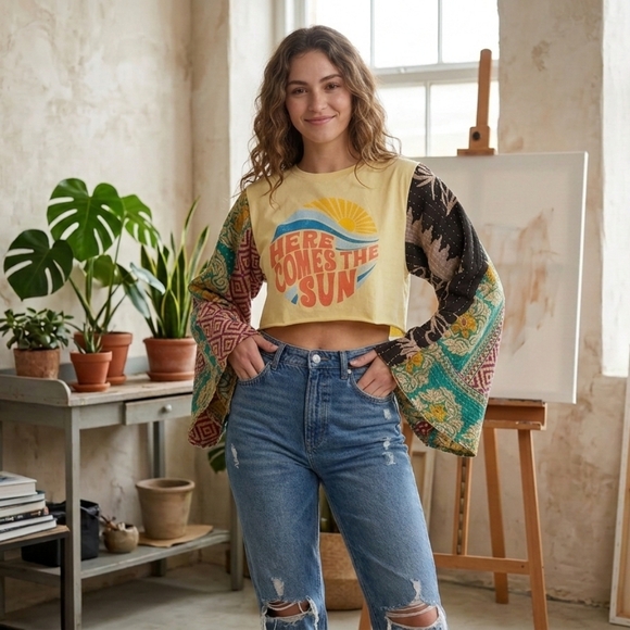Tops - Patchwork Kantha Bell Sleeve Upcycled Cropped Graphic Tee - "Here Comes The Sun"